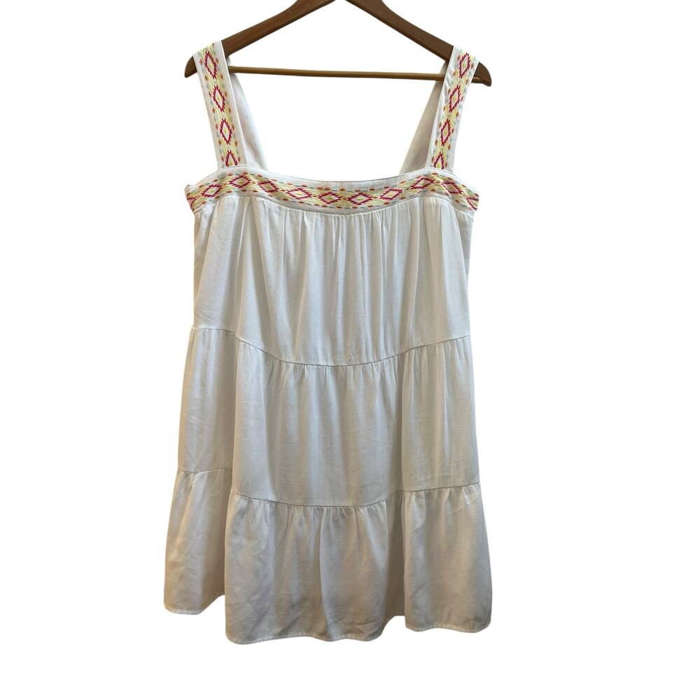 Blue Rain White Square Neckline Boho Tiered Mini Sun Dress Large 34 Inch Long - Picture 4 of 15